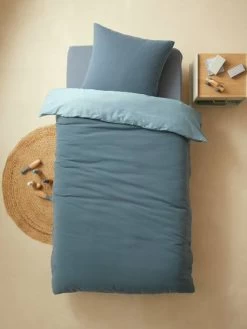 Parure Enfant Bicolore Housse De Couette + Taie D'oreiller En Gaze De Coton Bleu - Vertbaudet
